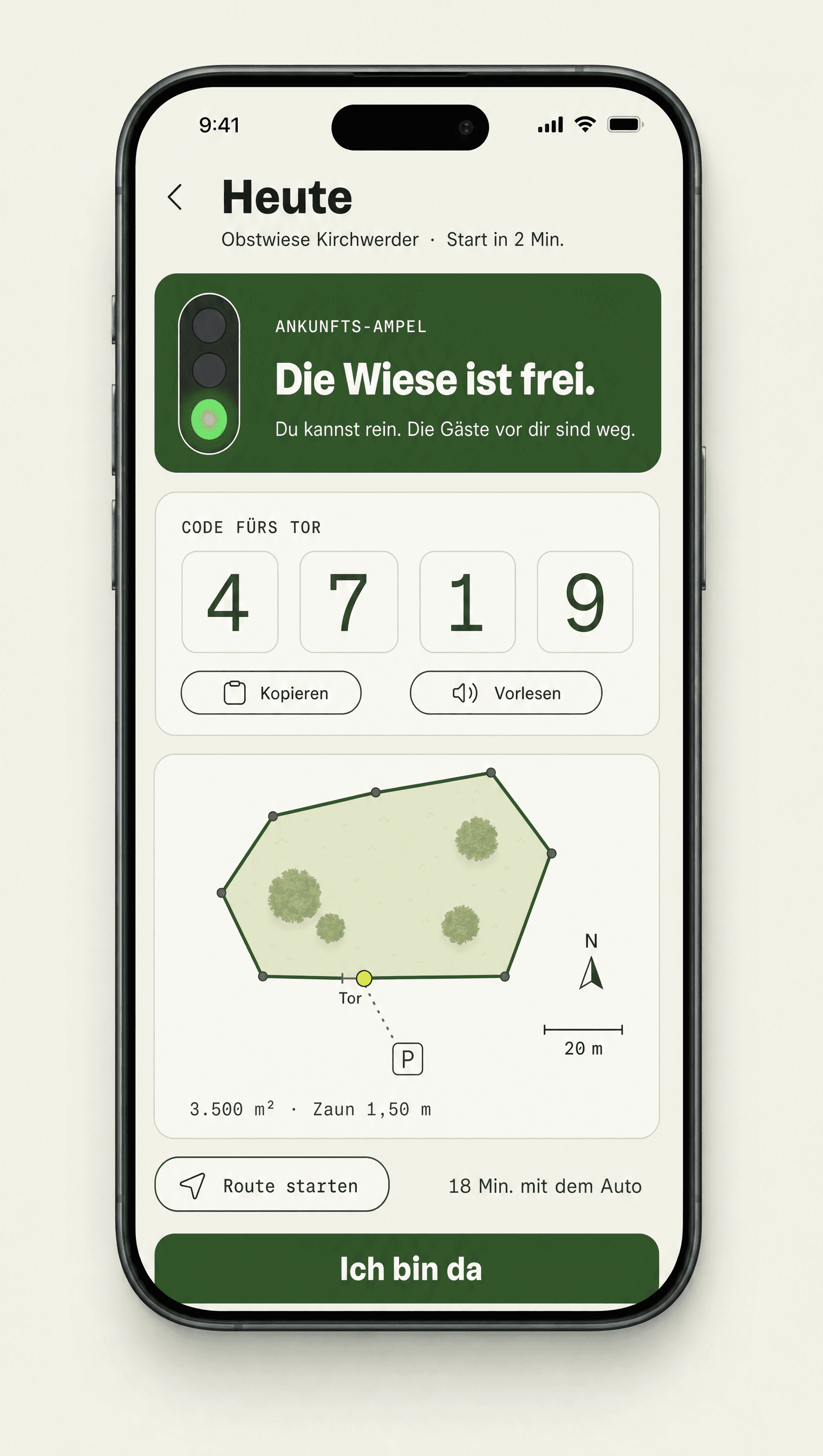 App-Screen Heute: Die Ankunfts-Ampel ist grün, Die Wiese ist frei, Code fürs Tor 4719 und Lageplan mit Tor und Parkplatz